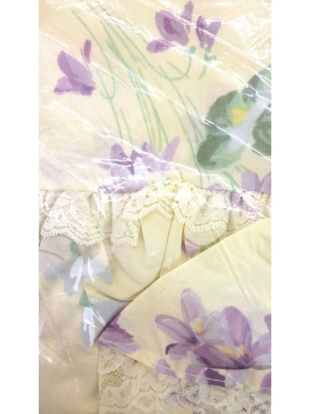 Vintage JC Penney Twin Flat Sheet Sibyl Lavender Beige Floral Lace No-Iron 66x96